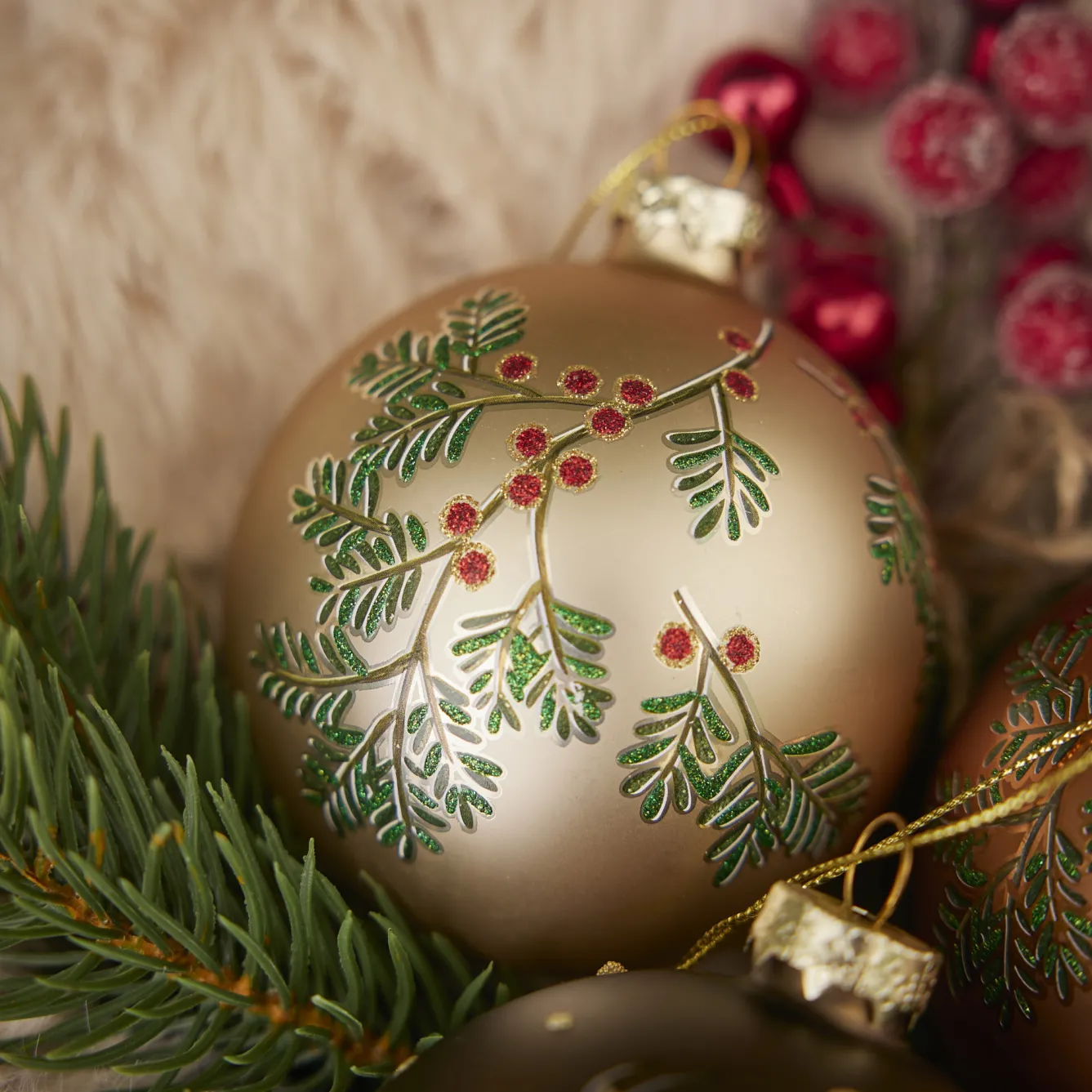 Glaskugel Vintage, Ilex/champagner/matt, 8 Cm Weihnachtsbaumschmuck